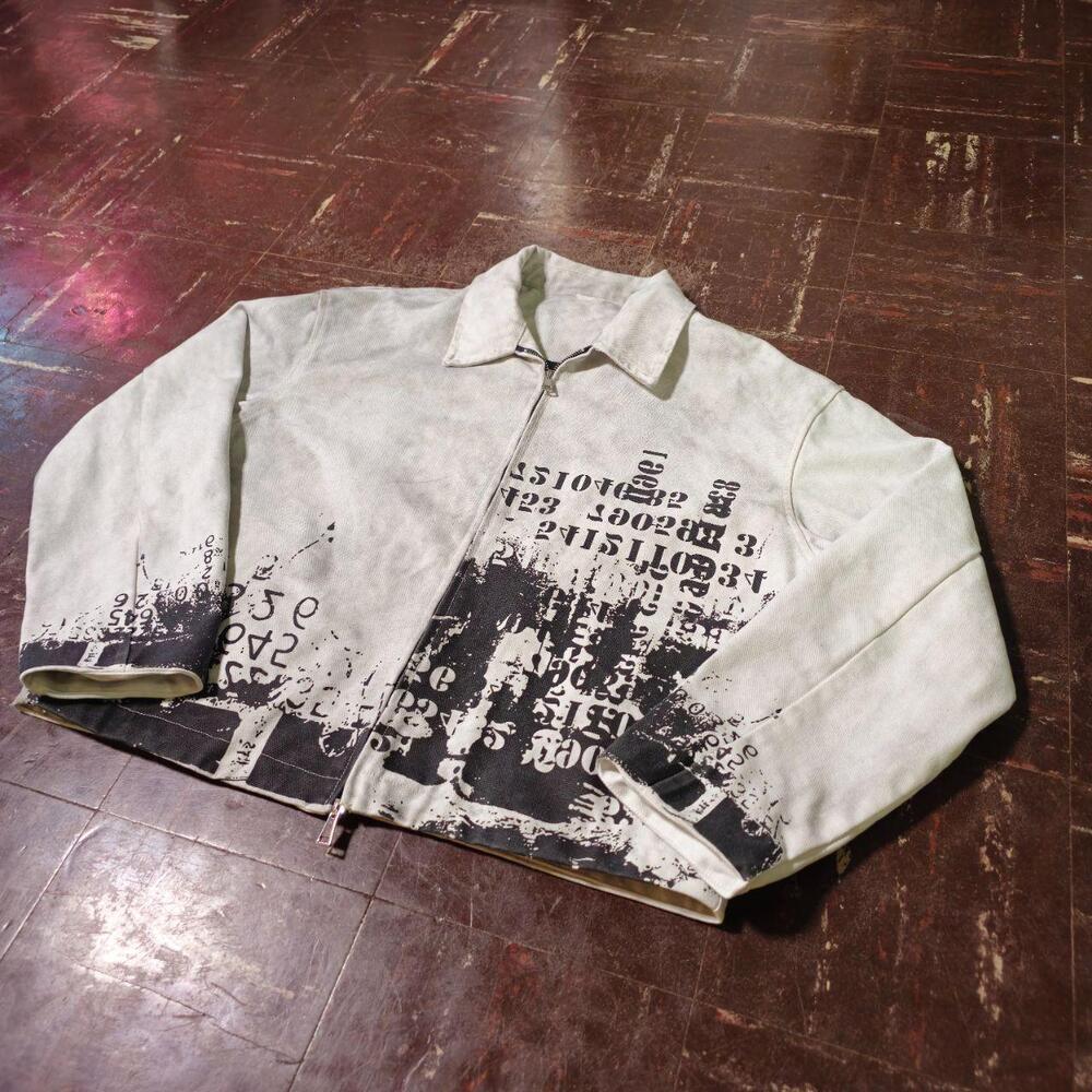 Zip Up Jacket y2k Grunge Distressed Print Cream Black (L) ✨